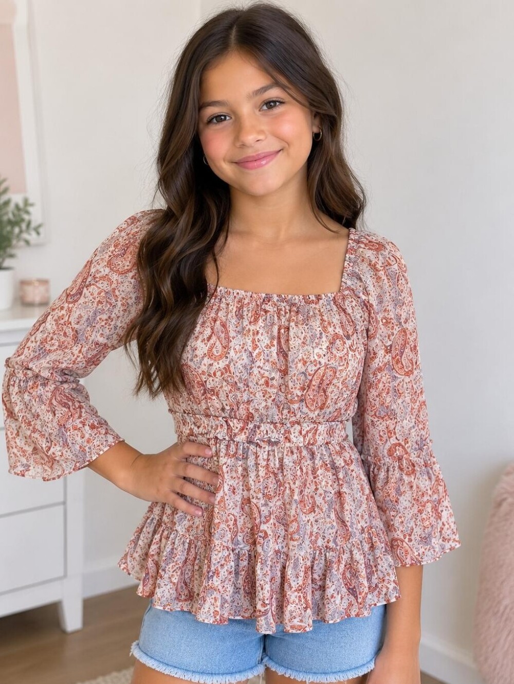 Francesca's Dusty Rose Paisley Peplum Top